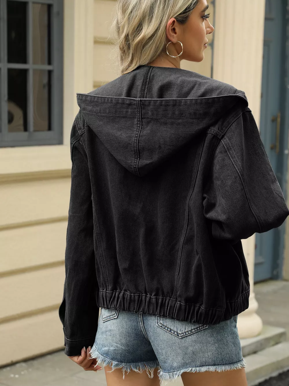Washed Button Up Hooded Denim Jacket, image 6
