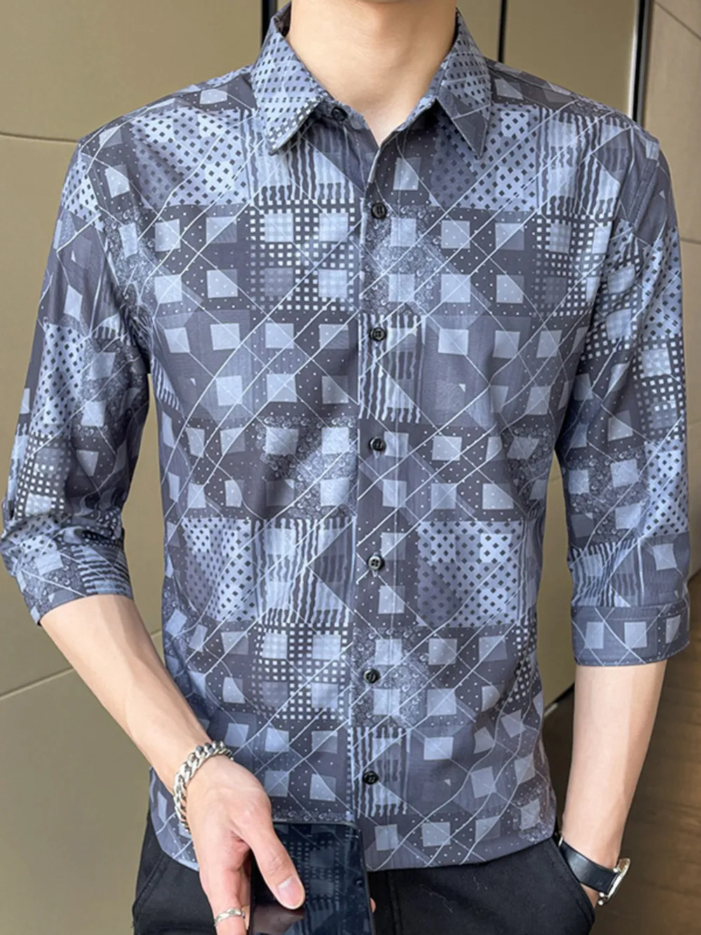 Men's Plus Size Geometric Print Slim Fit Casual Shirt, image 4