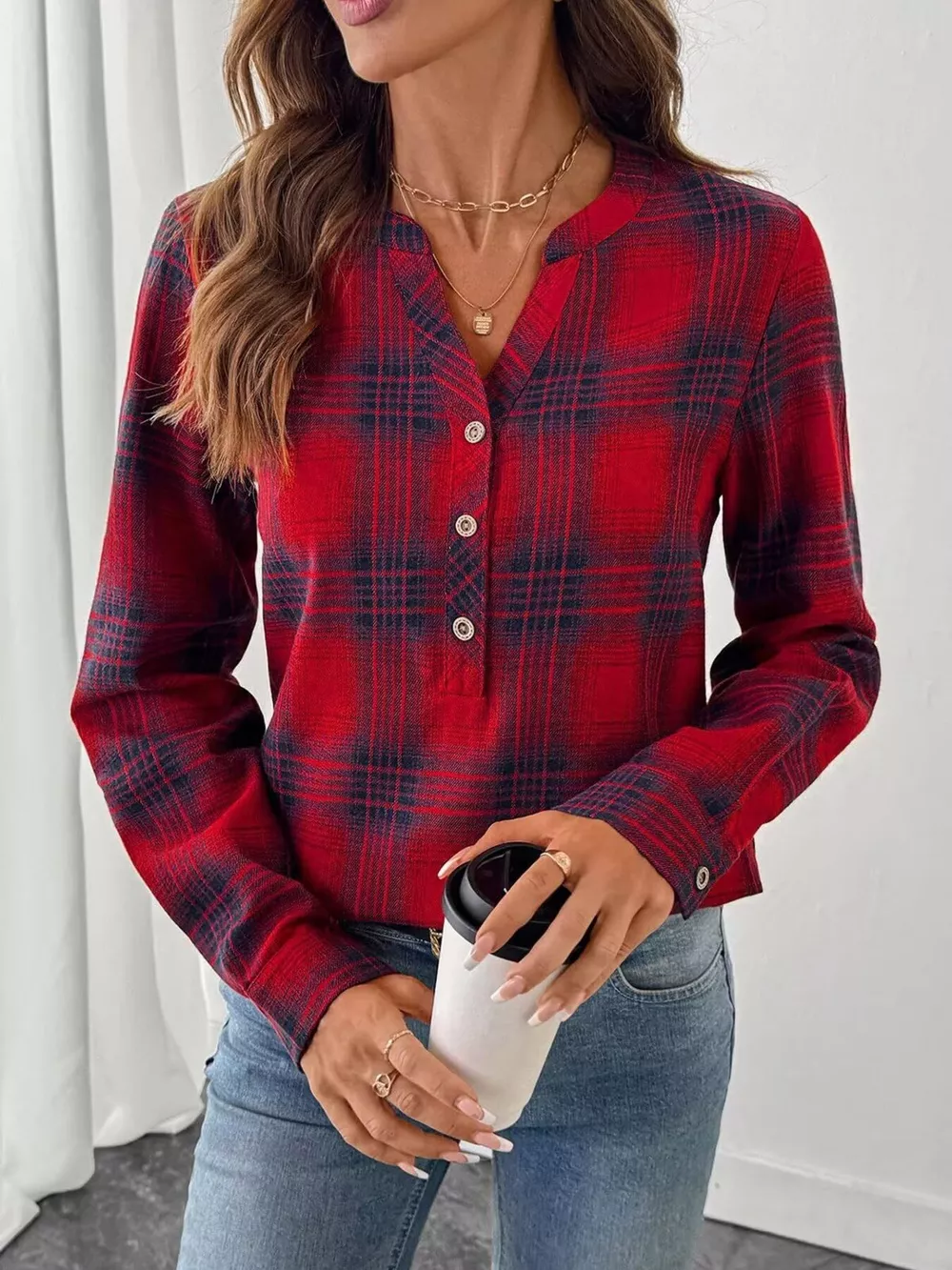 Plaid Half Button Long Sleeve Blouse, image 9
