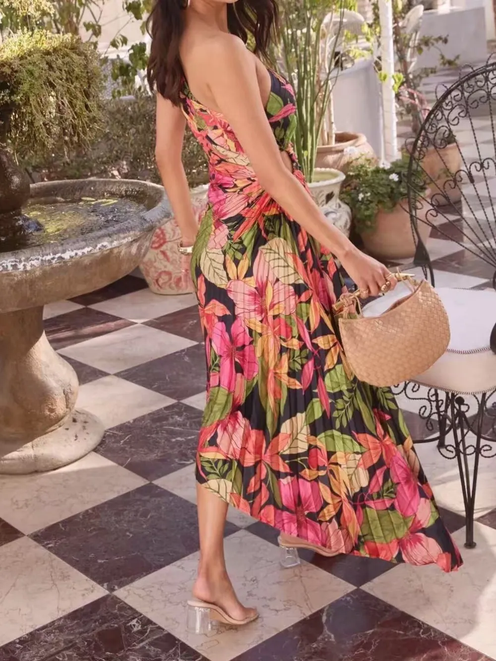 Single Shoulder Floral Pleated Dress, image 7
