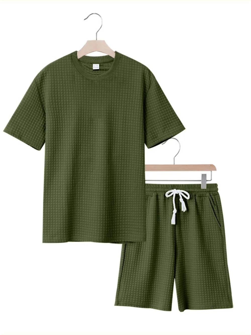 Men's Full Size Textured Round Neck Top and Shorts Set Plus SIze, image 3