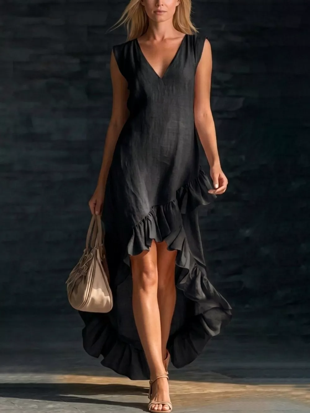 Full Size V-Neck Ruffle Hem High-Low Dress Plus Size, image 6