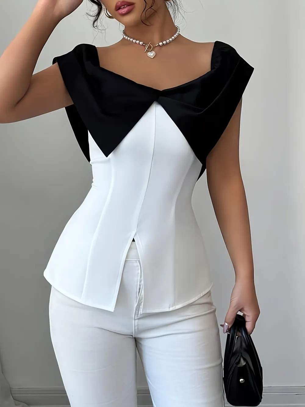 Slit Contrast Cap Sleeve Blouse, image 8