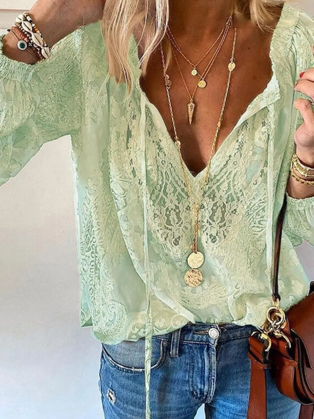 Lace Tie Neck Long Sleeve Blouse, image 5
