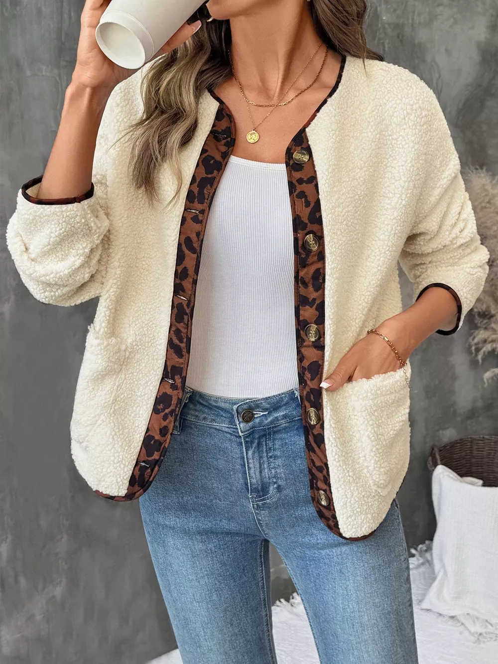 Leopard Trim Button Up Jacket, image 3