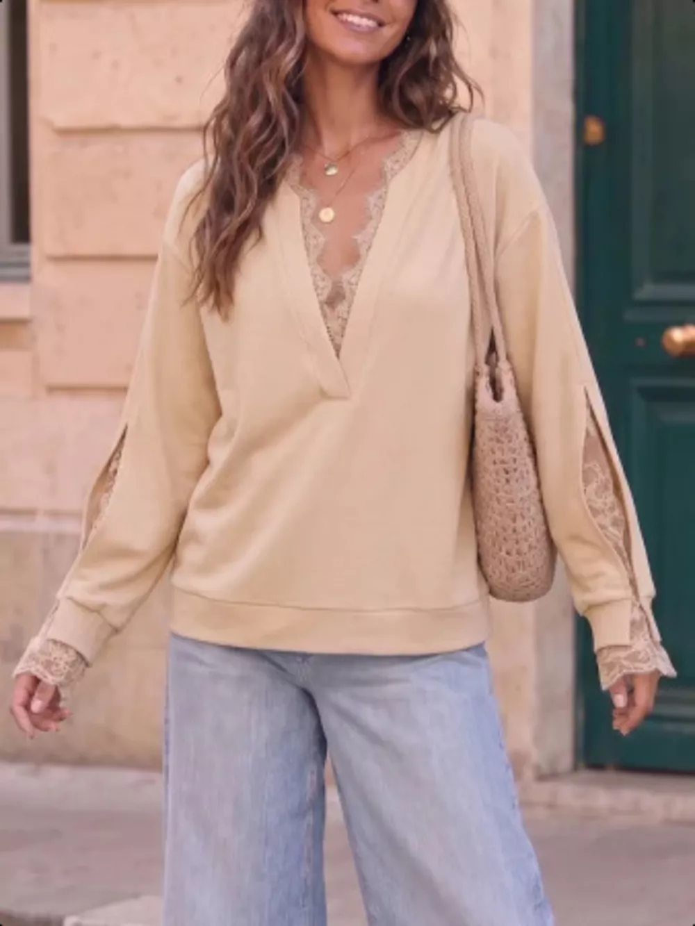 Lace Trim Split Sleeve Sweatshirt, image 3