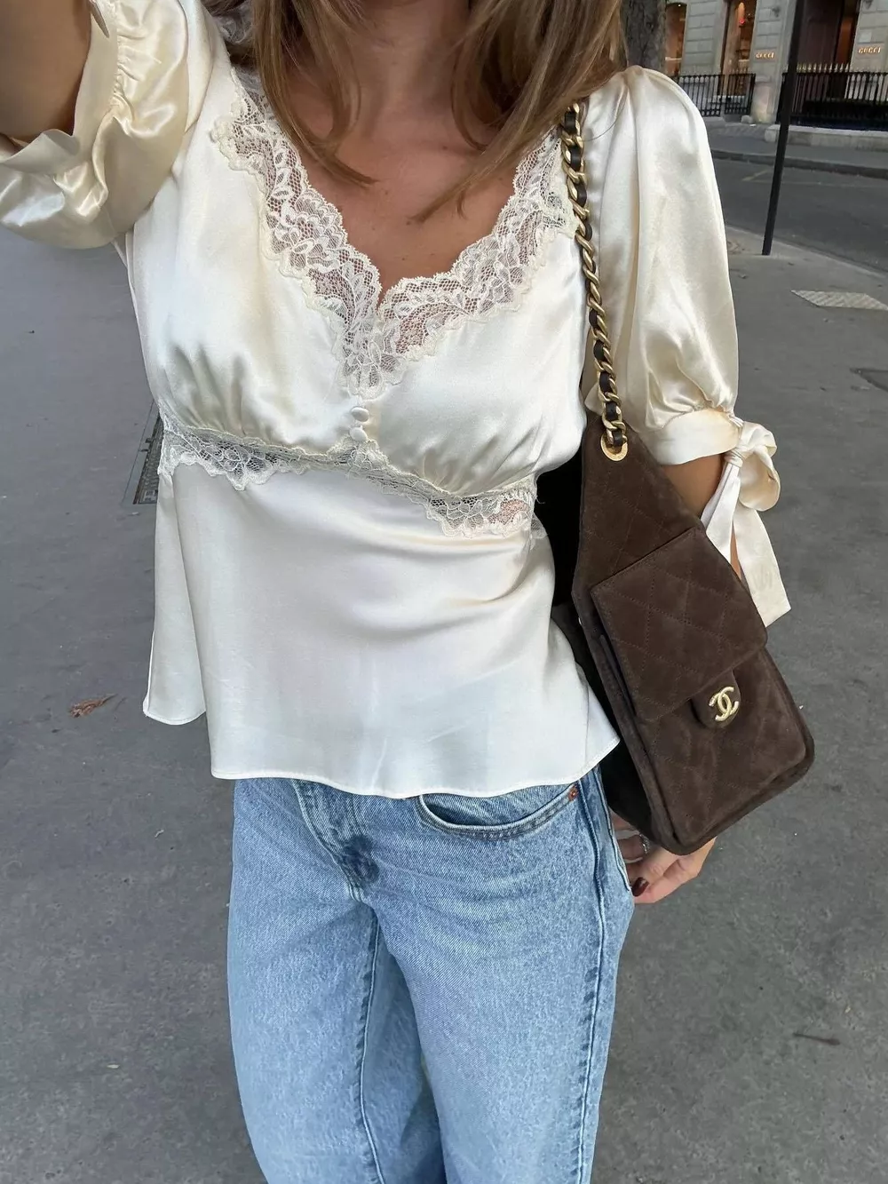 Satin Lace Trim and Tie-Sleeve Detail Blouse, image 3
