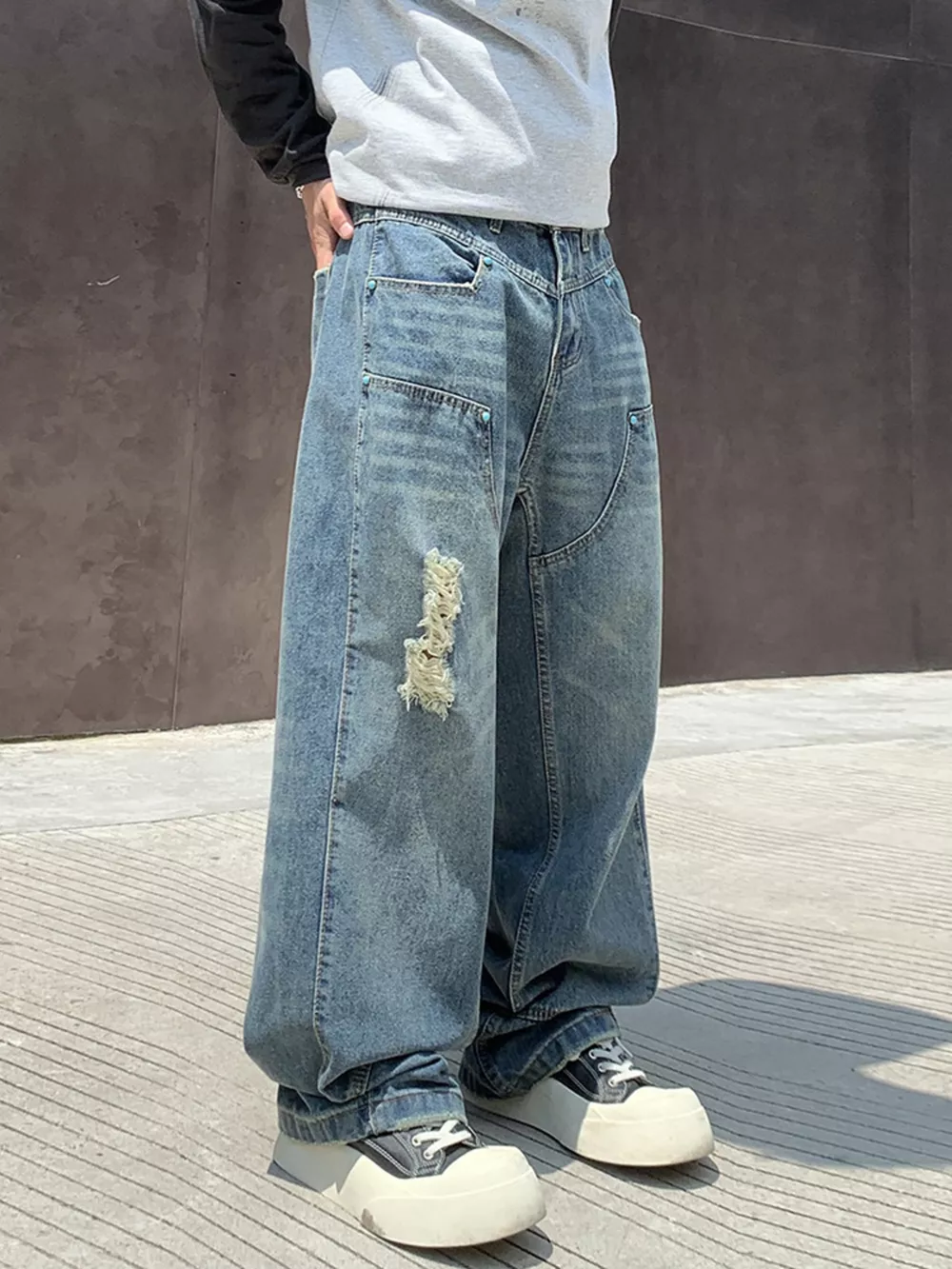 Men's Full Size Distressed Wide Leg Jeans Plus Size