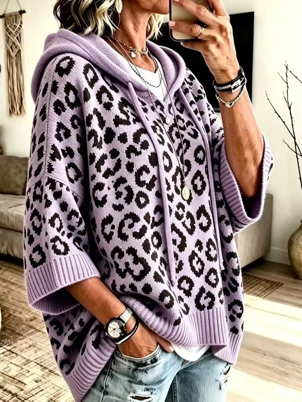 Drawstring Leopard Hooded Sweater, image 17