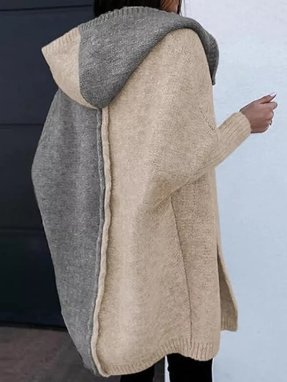 Two-Tone Open Front Knit Hooded Cardigan, image 11