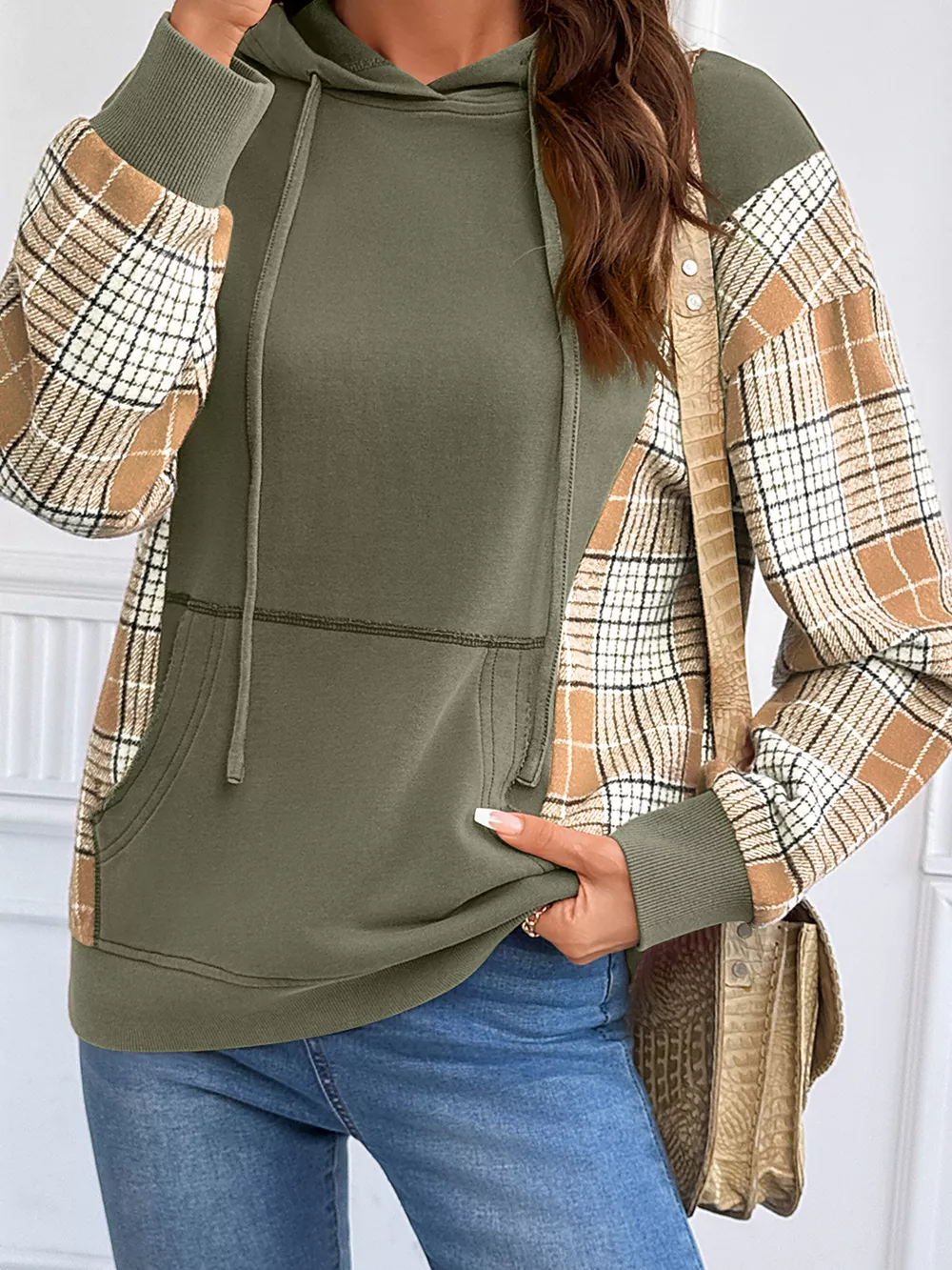 Plaid Sleeve Drawstring Pocket Hoodie, image 7