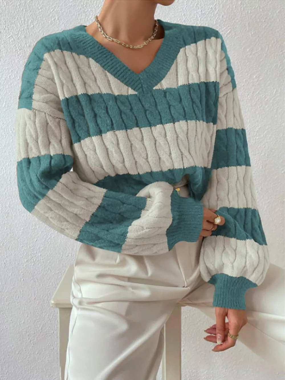 V-Neck Striped Cable Knit Sweater, image 9