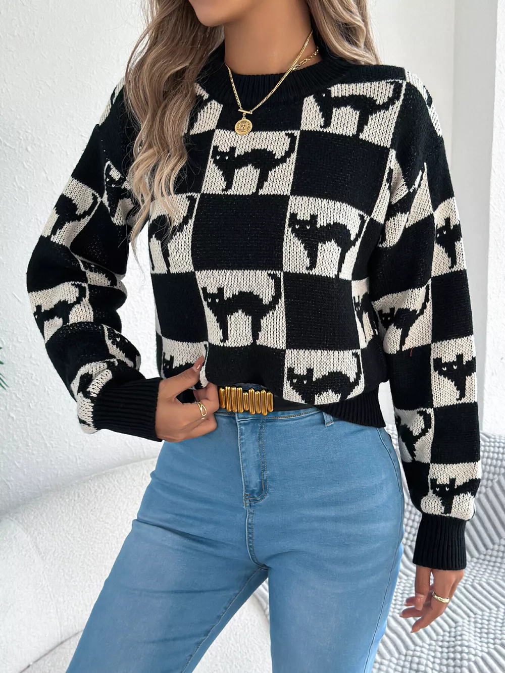 Checkerboard Halloween Graphic Sweater, image 20