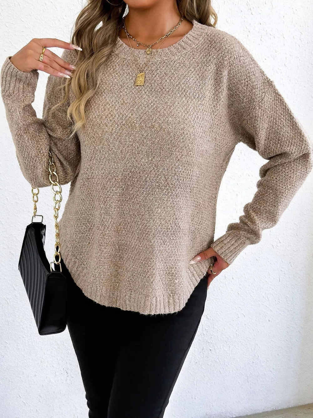 Textured Knit Relaxed Fit Round Neck Sweater, image 3