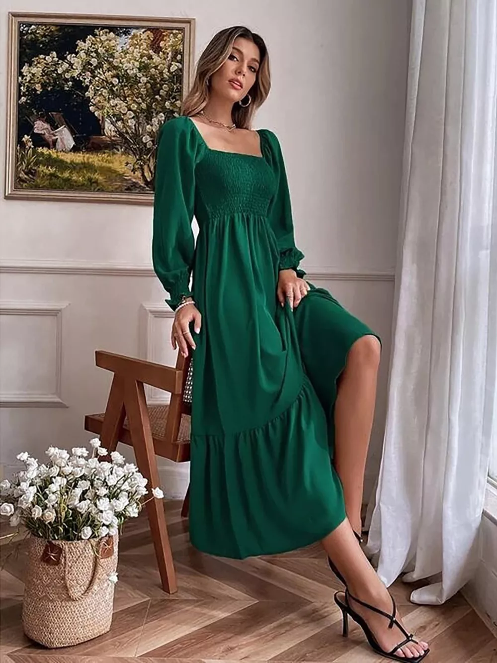 Smocked Long Sleeve Midi Dress, image 6