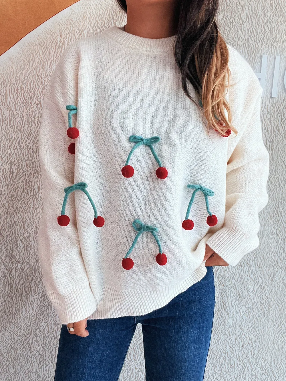 Cherry Round Neck Long Sleeve Sweater, image 2