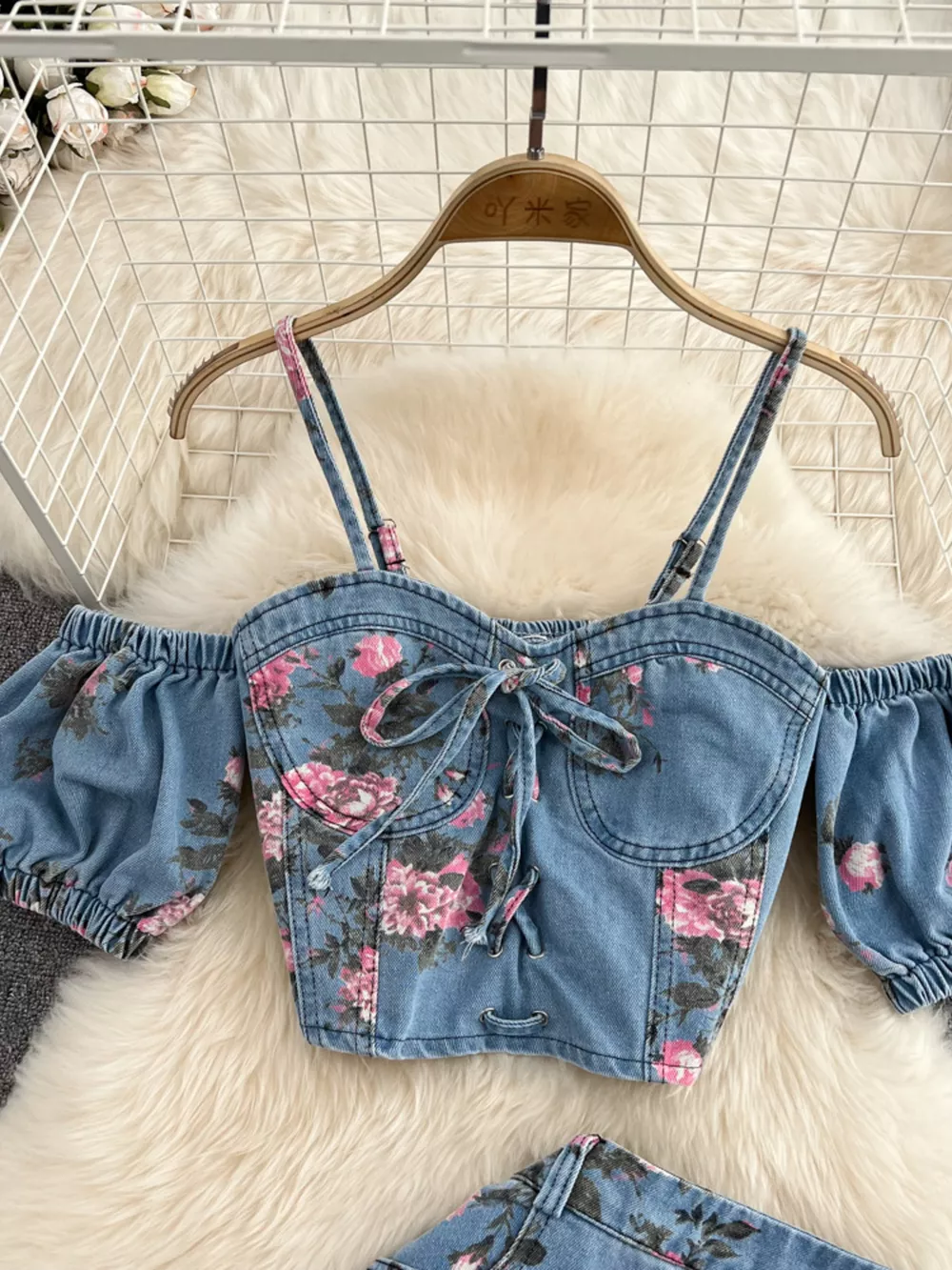 Floral Print Sweetheart Neck Cami and Skirt Denim Set, image 3