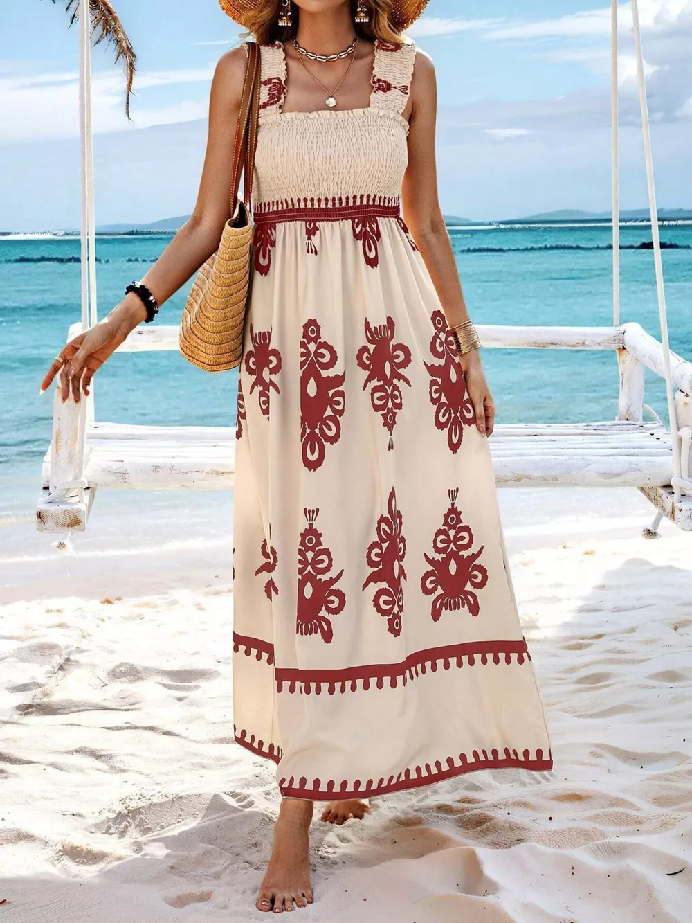 Smocked Printed Square Neck Maxi Dress, image 28