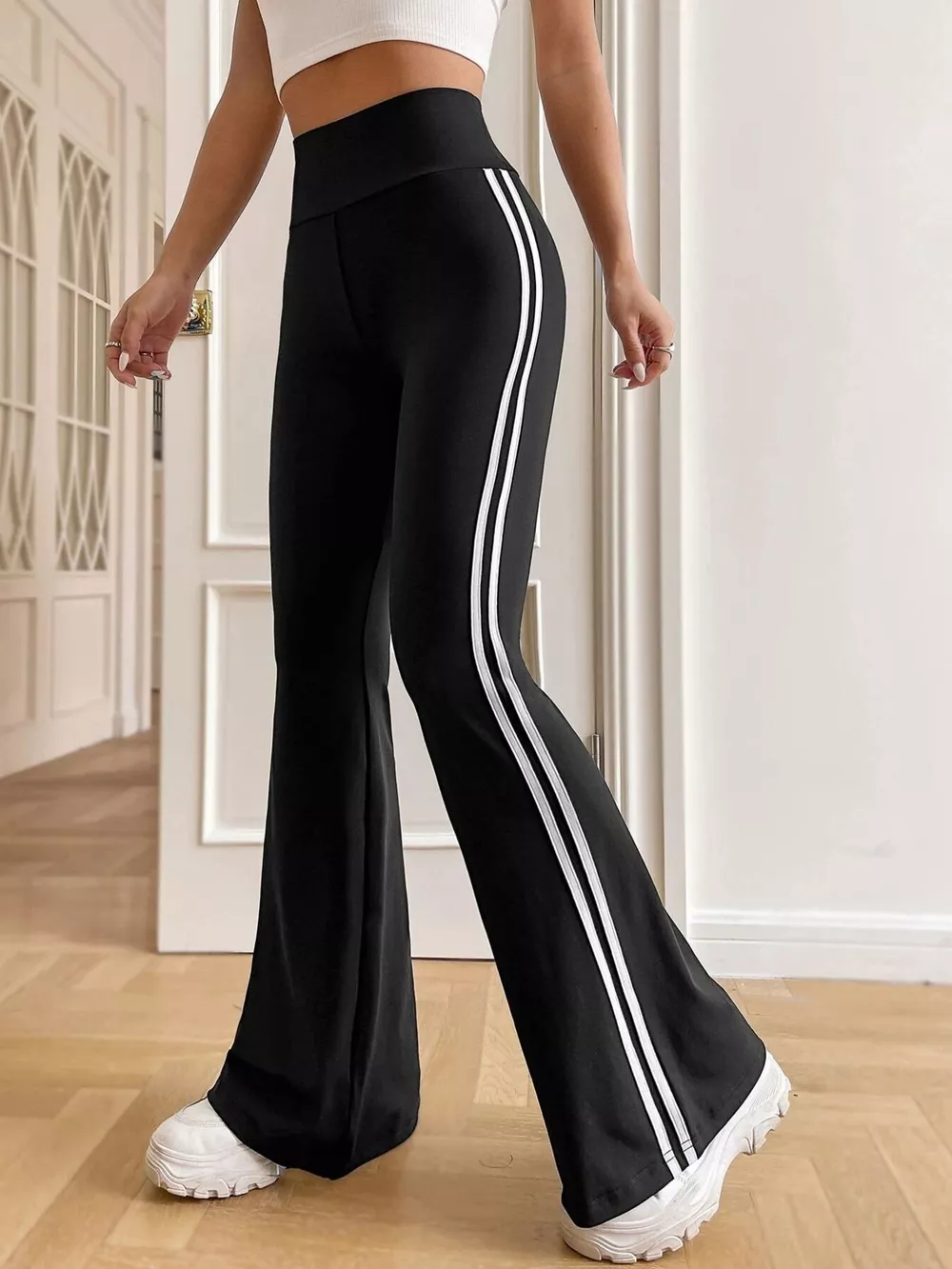 High-Waisted Side-Striped Flare Active Pants, image 2
