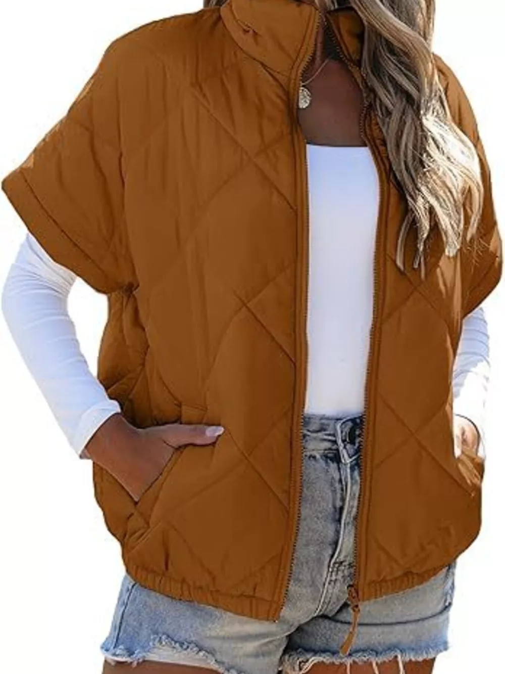 Quilted Zip Up Short Sleeve Winter Coat, image 9