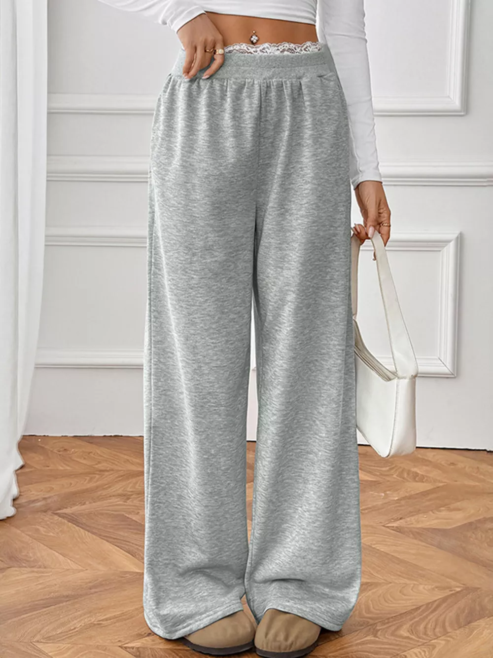 Lace Detail Wide Leg Casual Pants, image 8