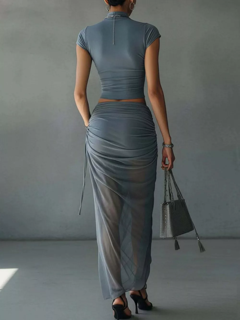 Mock Neck Crop Top and Ruched Maxi Skirt Set, image 2