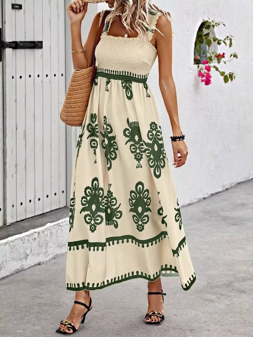 Smocked Printed Square Neck Maxi Dress, image 10