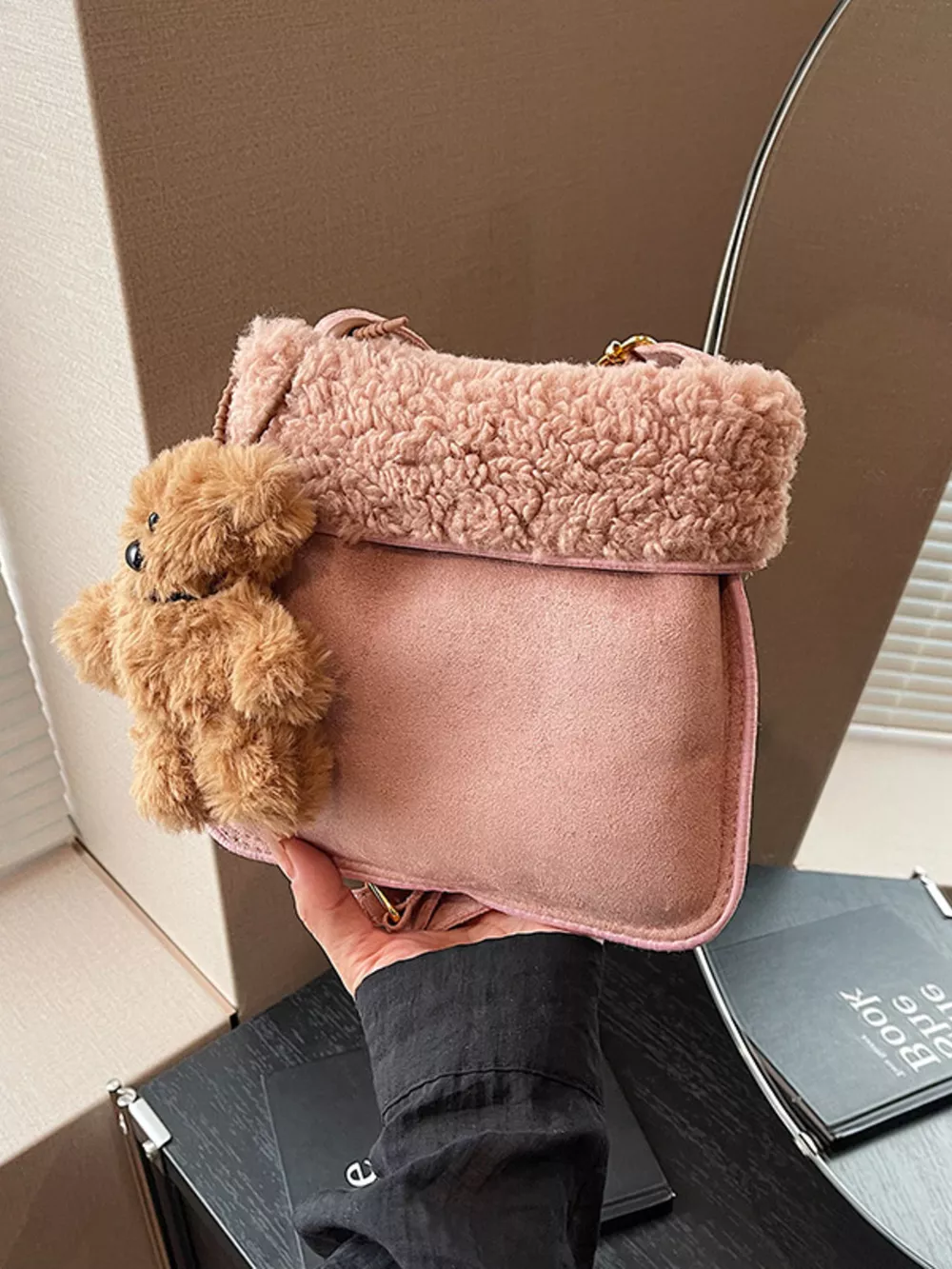 Teddy Bear Charm Plush Trim Crossbody Bag, image 4
