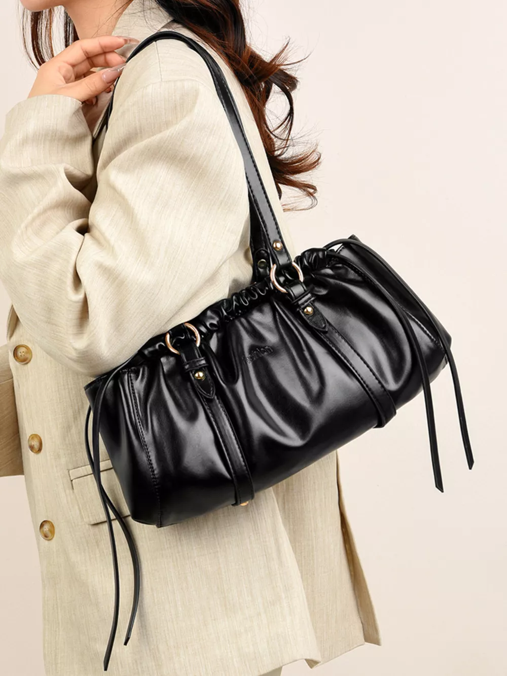 Ruched Leather Shoulder Bag, image 6