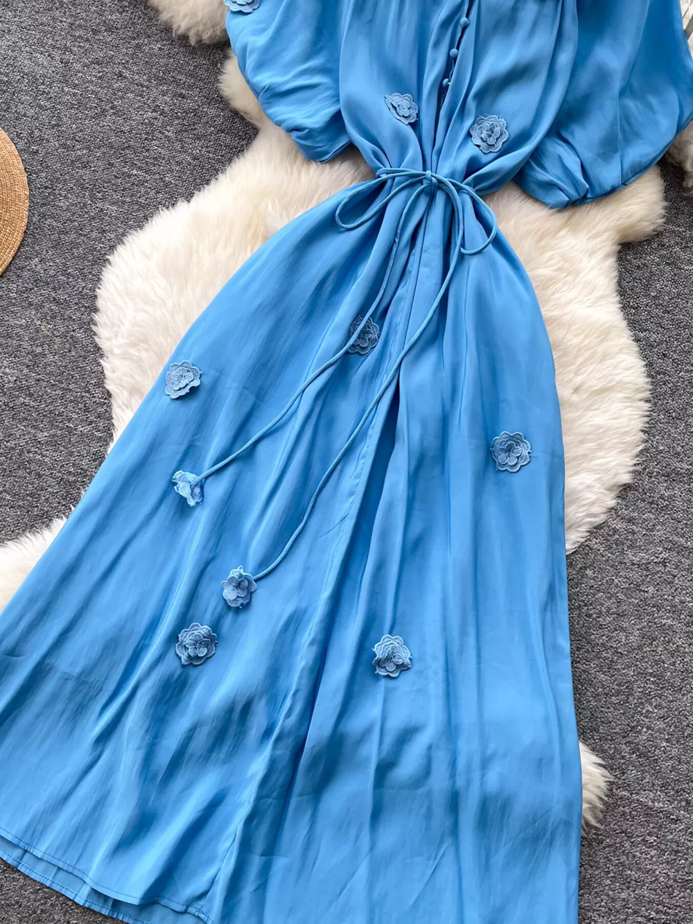 Floral Decor Tie Waist Puff Sleeve Dress, image 4
