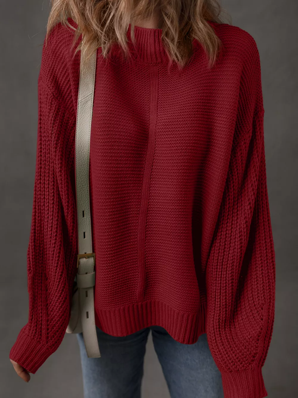 Solid Color Front Seam Drop Shoulder Loose Sweater