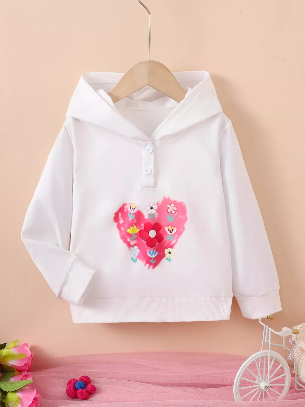 Children's Floral Heart Graphic Buttoned Hoodie