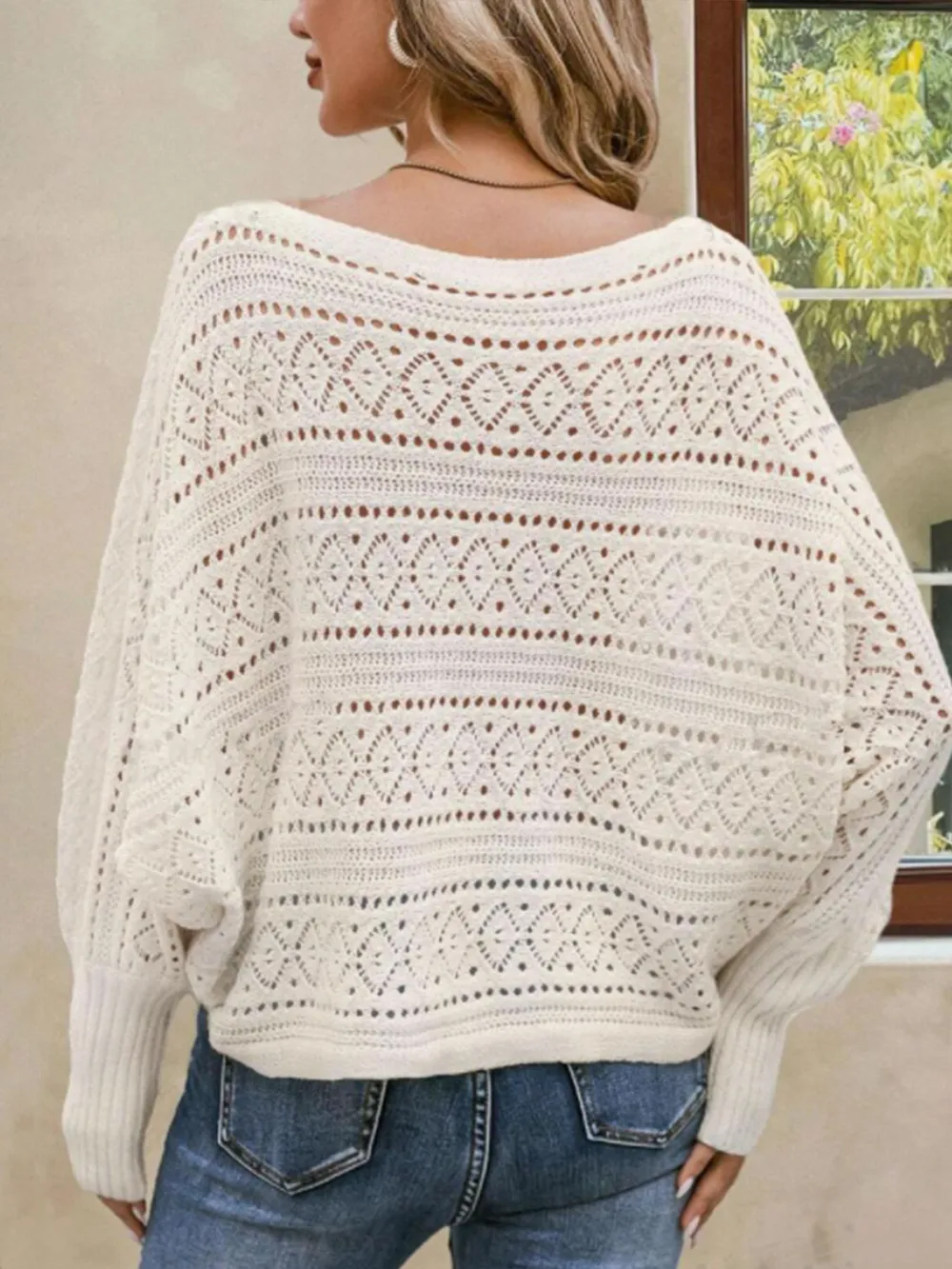 Openwork Boat Neck Lantern Sleeve Sweater, image 5