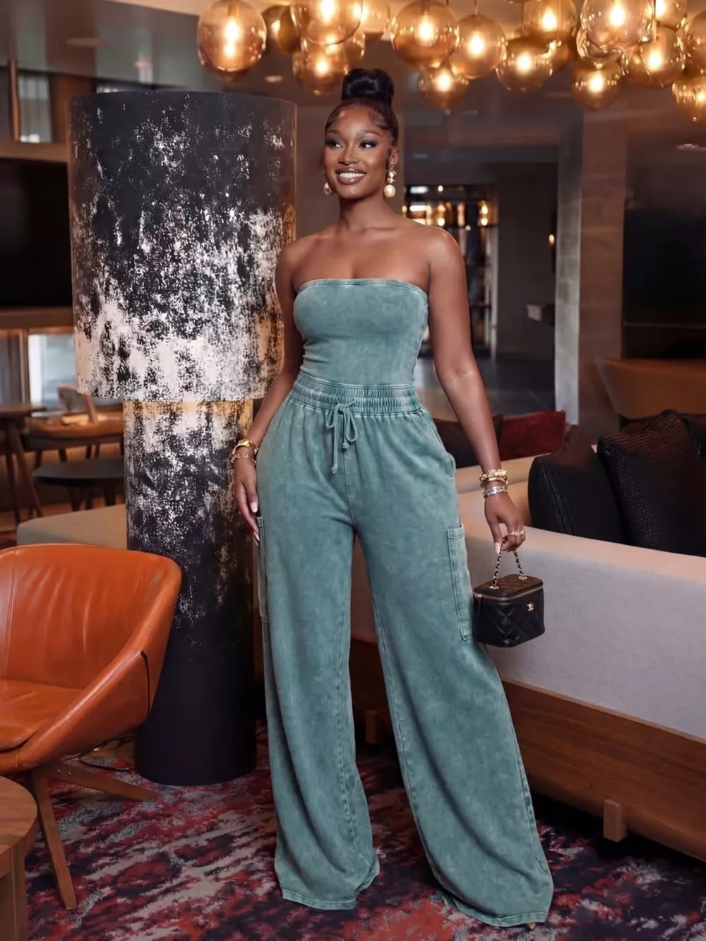 Drawstring Strapless Wide-Leg Jumpsuit, image 6