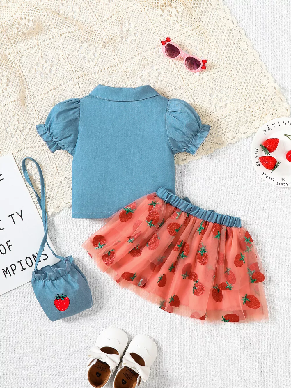 Children's Strawberry Short Sleeve Top and Skirt Set with Bag, image 3