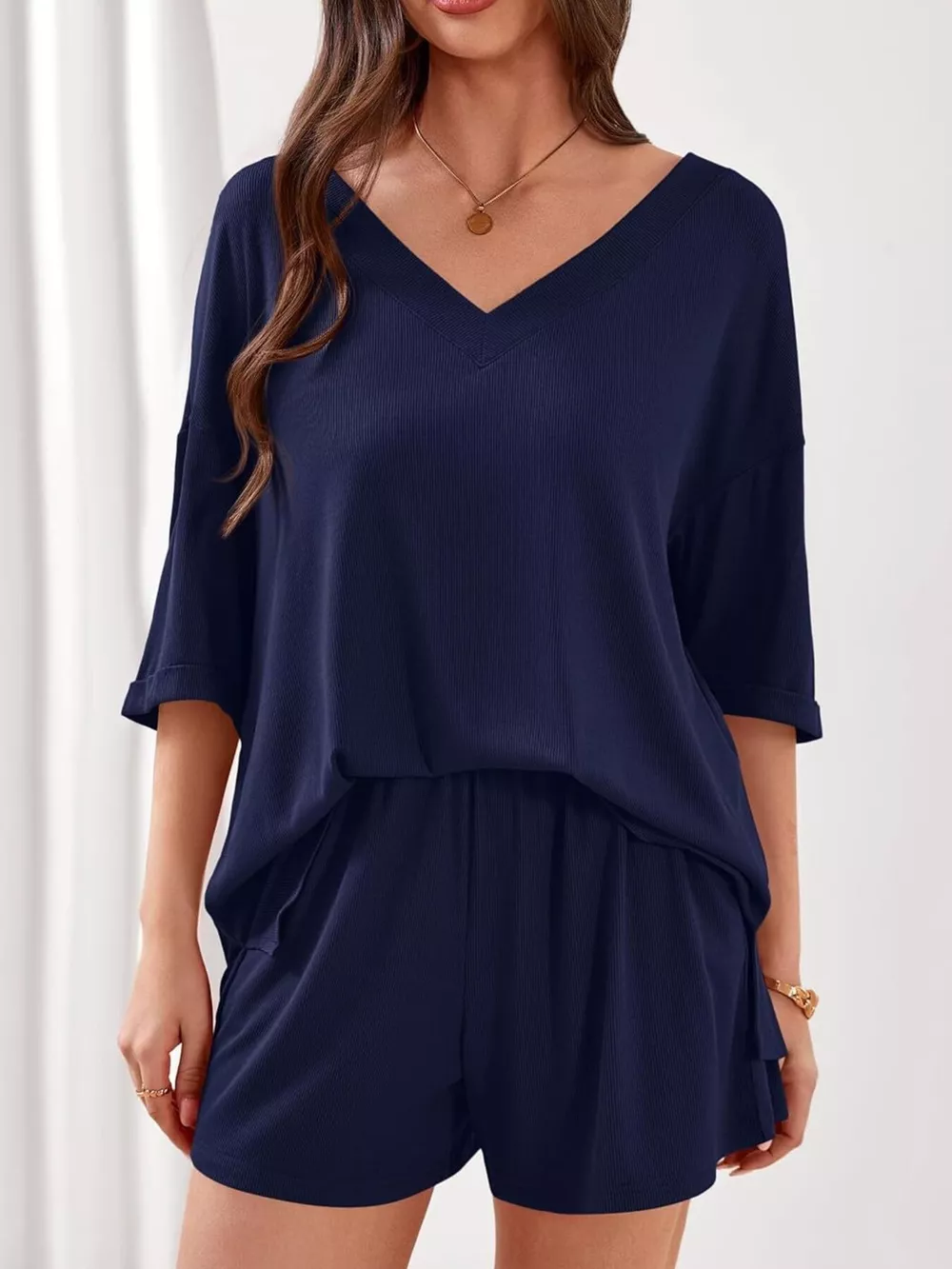 Casual Solid Color V-Neck Top & Shorts Set, image 30