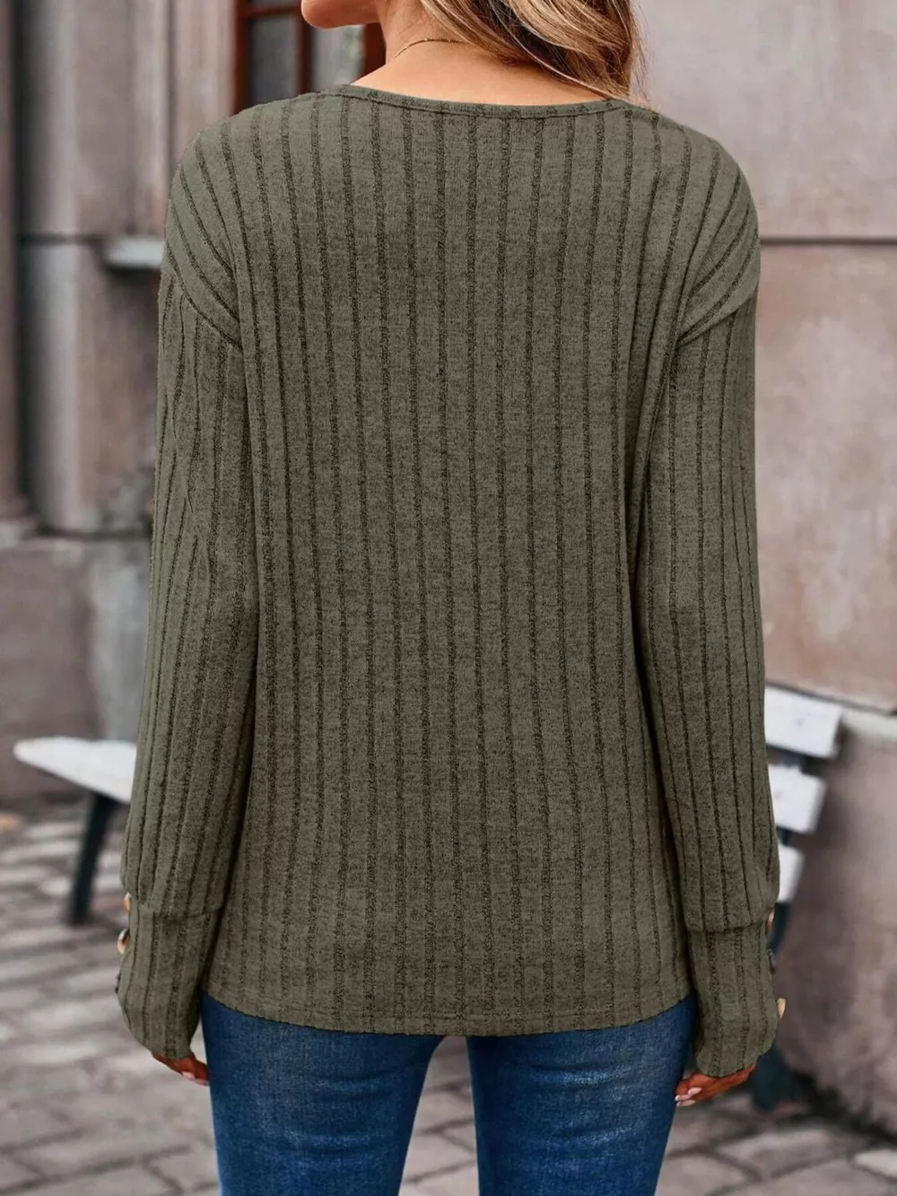 Ribbed V-Neck Long Sleeve Top, image 14