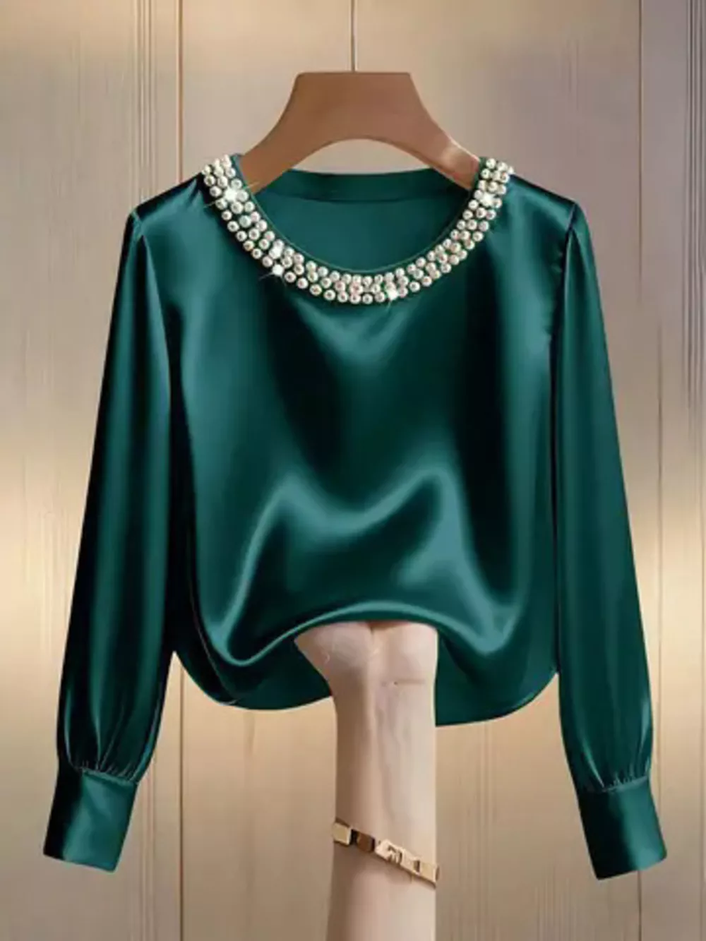 Pearl Trim Round Neck Silk Blouse, image 10
