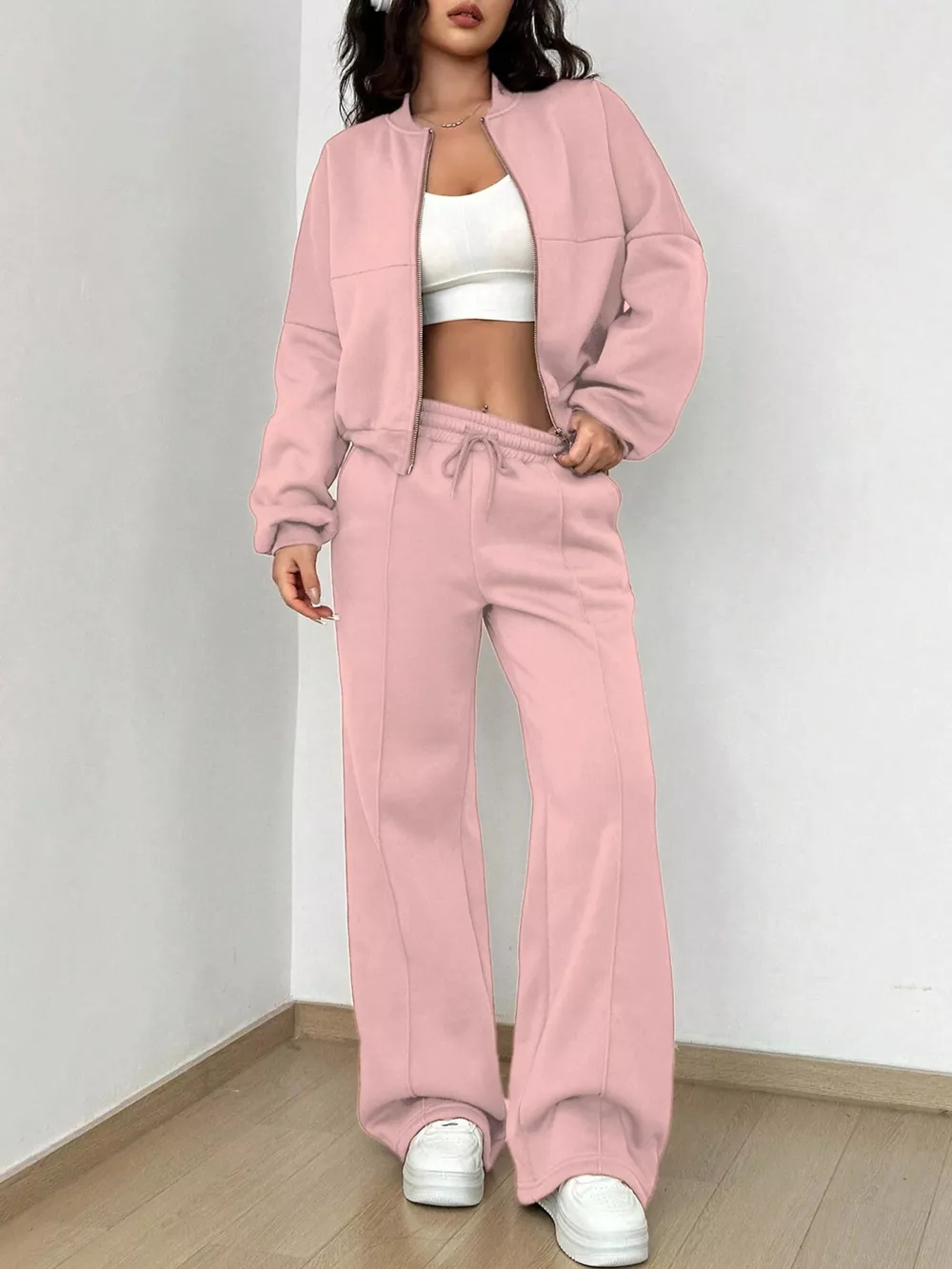 Casual Solid Color Zipper Jacket and Wide Leg Pants Set, image 6