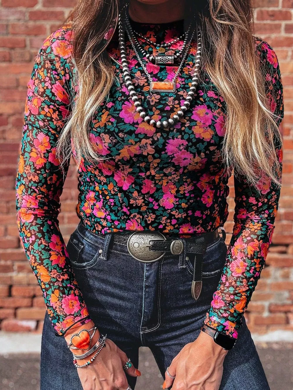 Printed Mesh Long Sleeve Slim Fit Top, image 3
