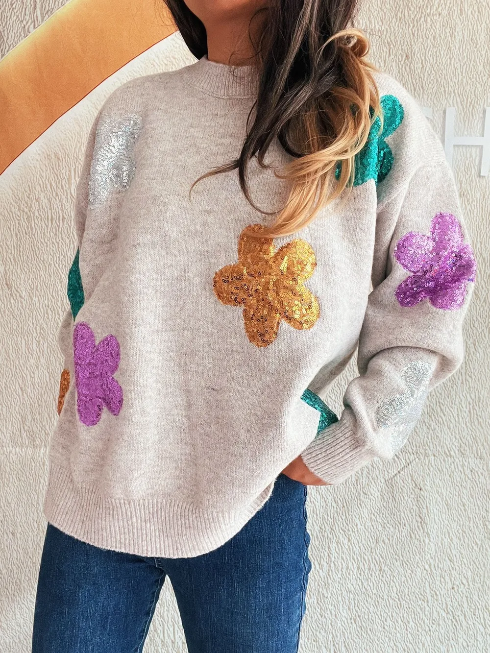 Sequin Flower Round Neck Long Sleeve Sweater, image 4