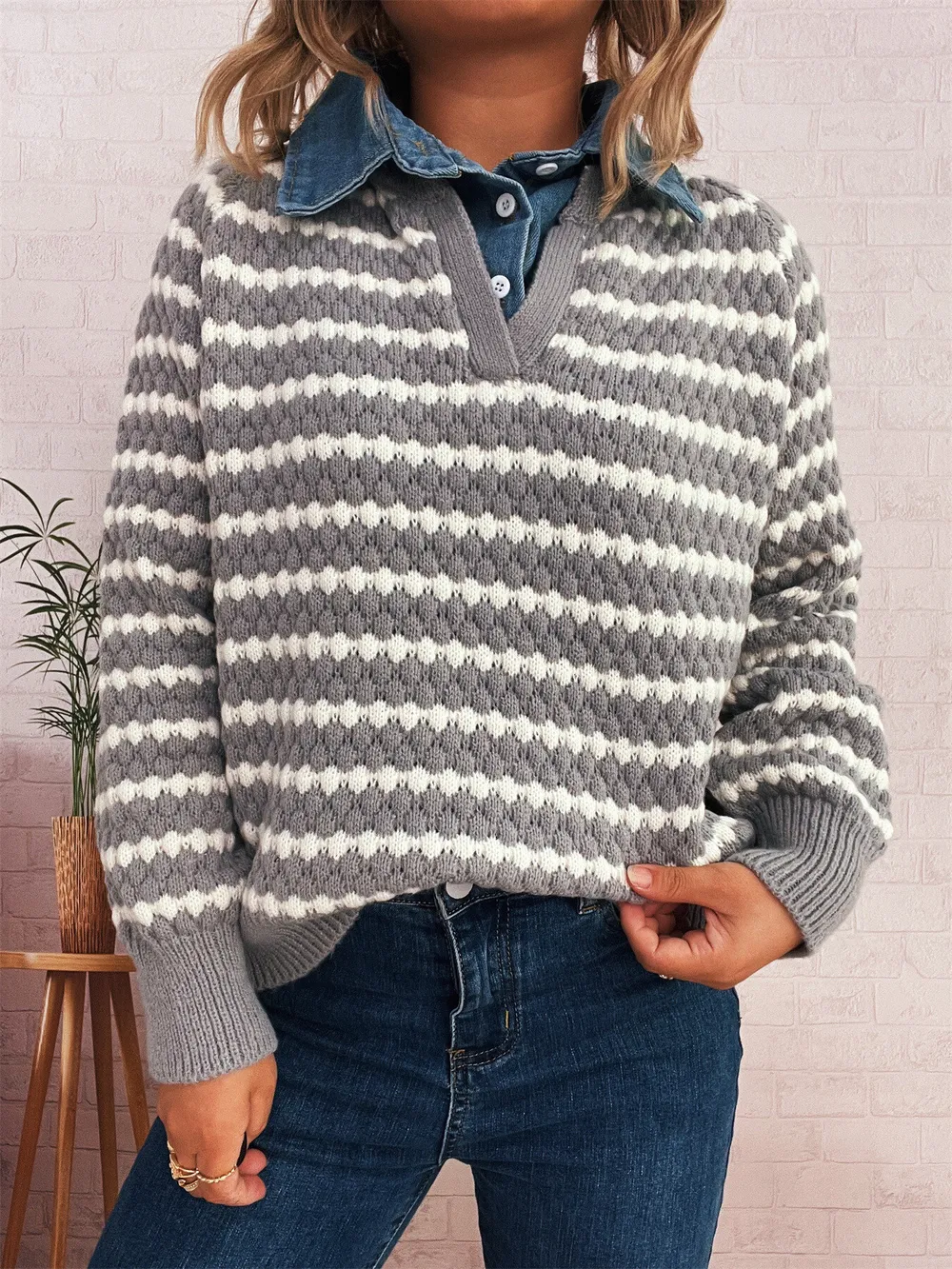Contrast Striped Sweater with Denim Collar, image 14