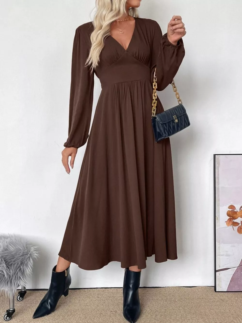 V-Neck Long Sleeve A-Line Midi Dress, image 6