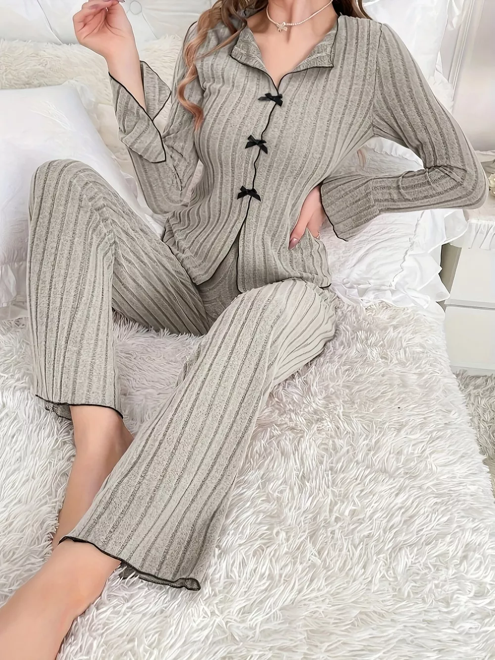 Ribbed Bow Front Top and Pants Lounge Set, image 4