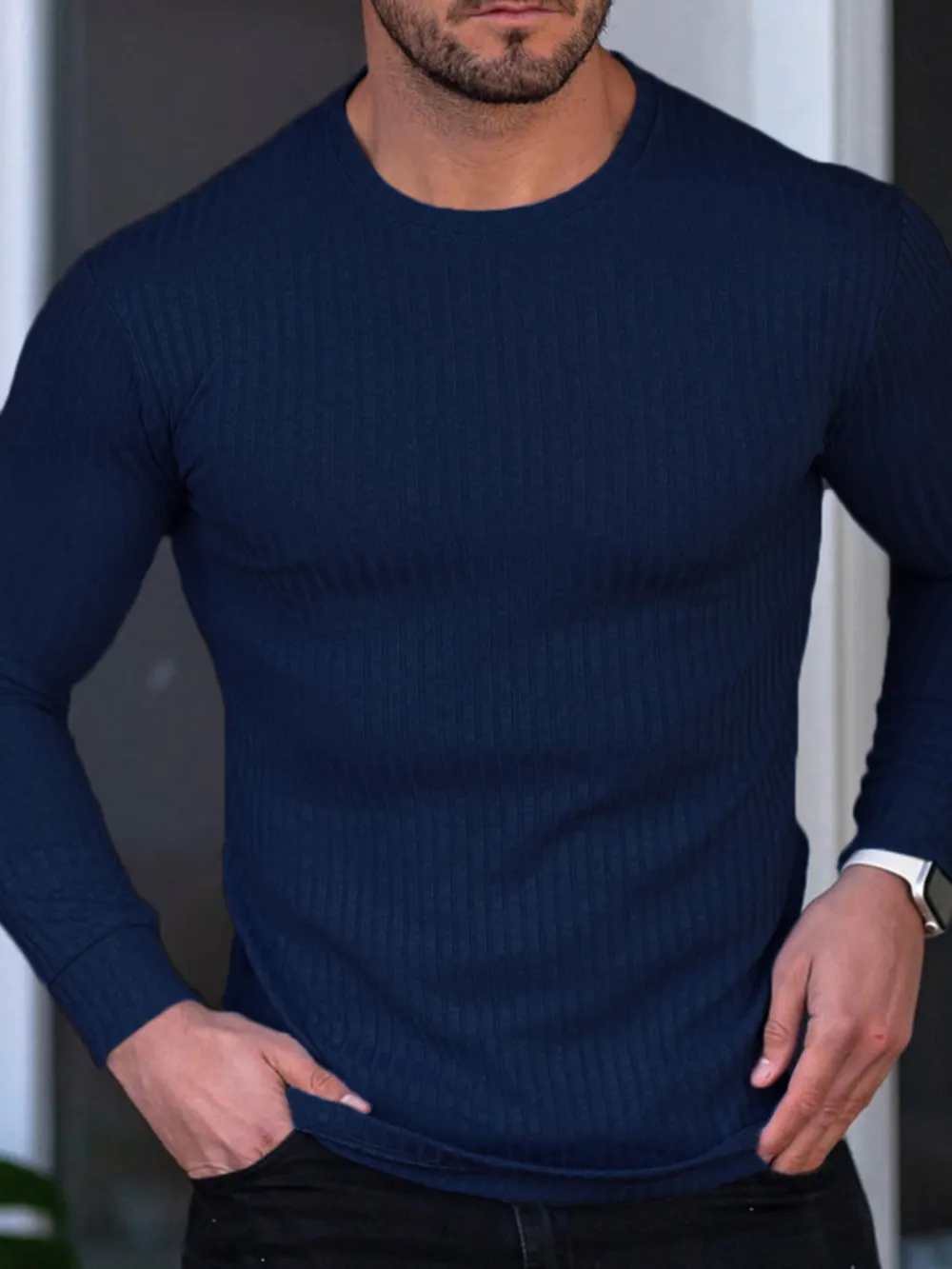 Men's Ribbed Round Neck Long Sleeve T-Shirt, image 4