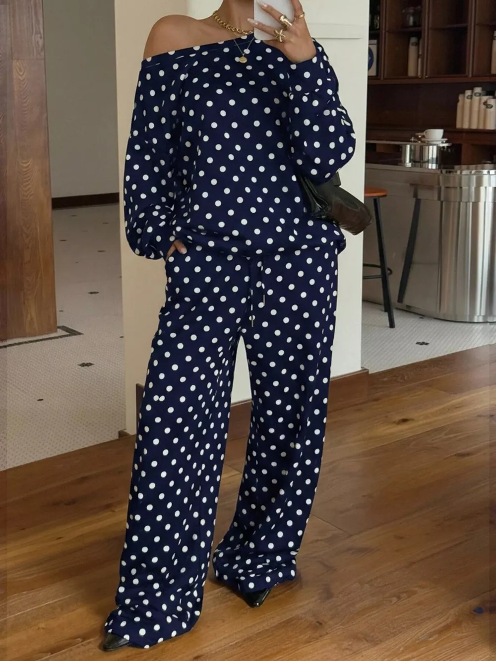 Polka Dot Boat Neck Top and Pants Set, image 11