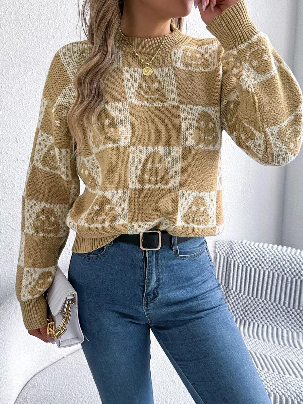 Checkerboard Halloween Graphic Sweater, image 3