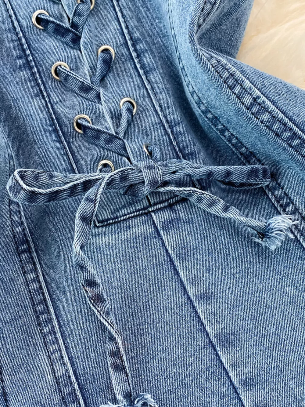 Lace-Up Denim A-Line Mini Dress, image 4