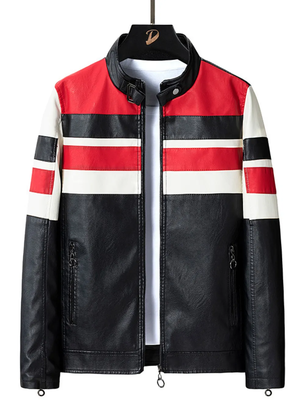 Men's Plus Size Striped Leather Moto Jacket, image 9
