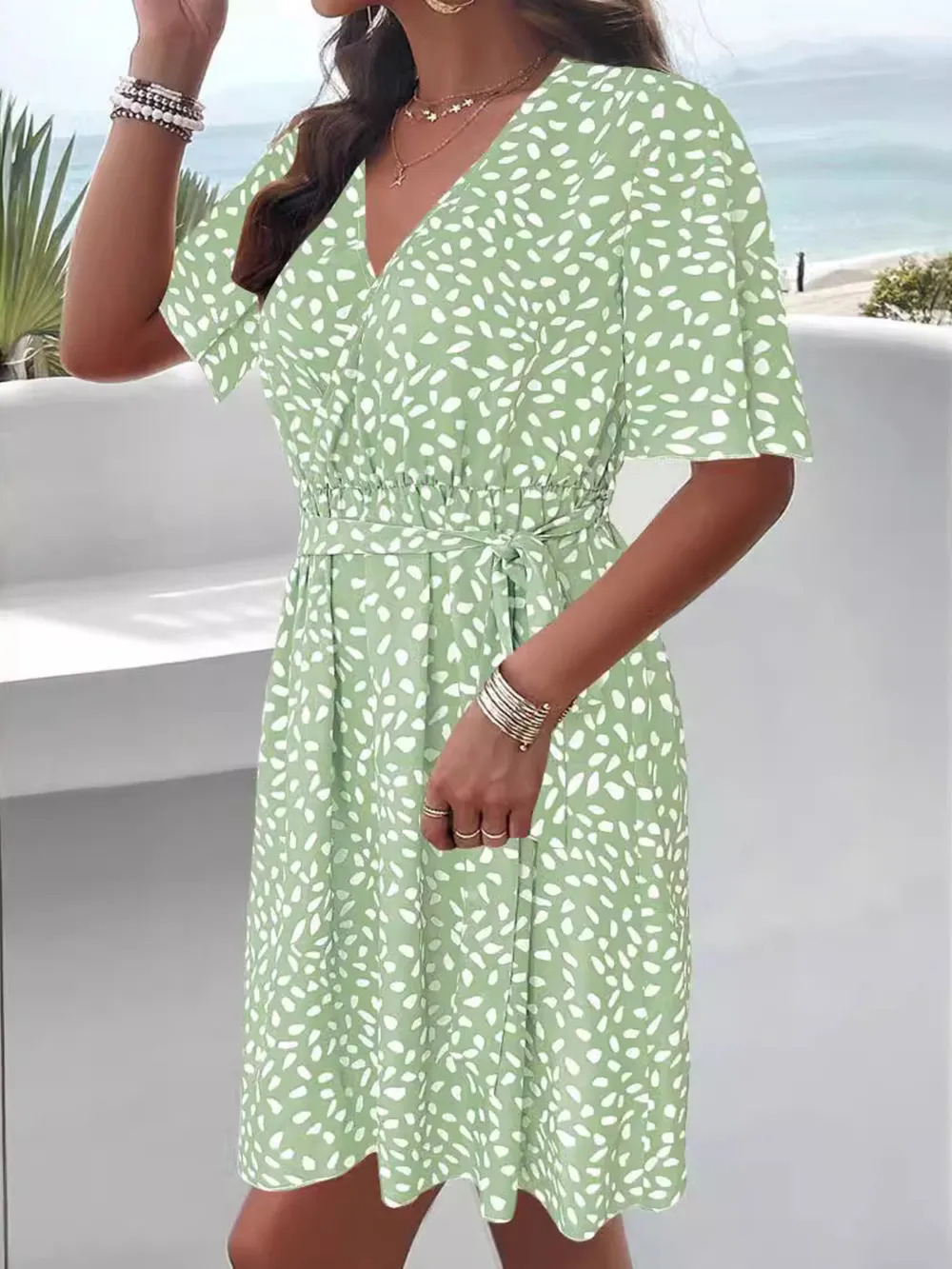 Printed Surplice Tie Waist Dress, image 5